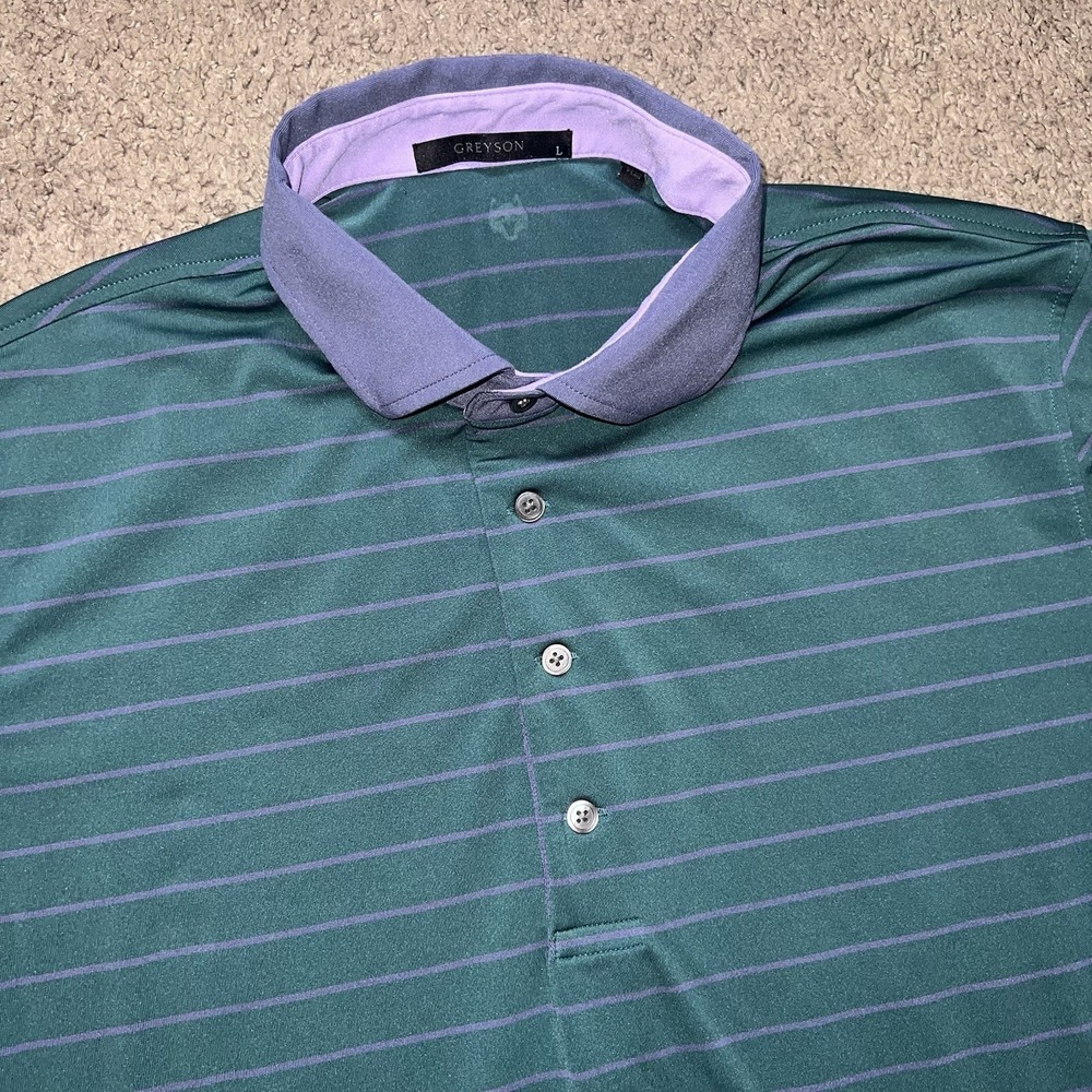 Greyson Polo Shirt Mens Large Green & Purple Striped Short Sleeve Made In Peru